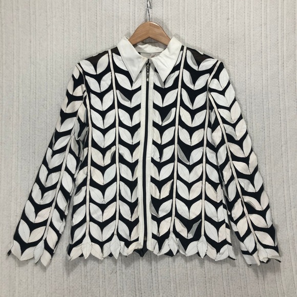 Unique Leather Studio Black White Leaf Applique Full Zip Jacket Blazer M - Picture 3 of 7